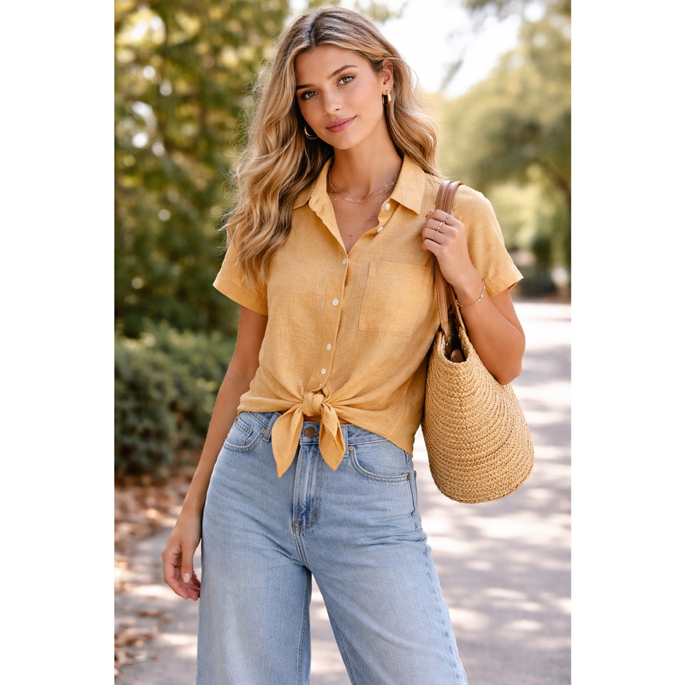 Theory Linen blend Button Down Tie Front Top Mustard Effortless Chic Summer S/M